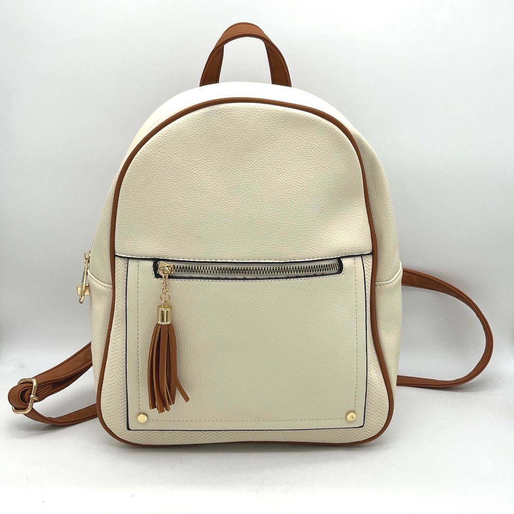 Montana West Select Cream and Tan Vegan‎ Leather Tassel Backpack Gold Hardware